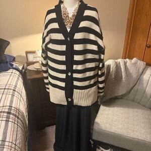 Elegant Black and White Striped Cardigan